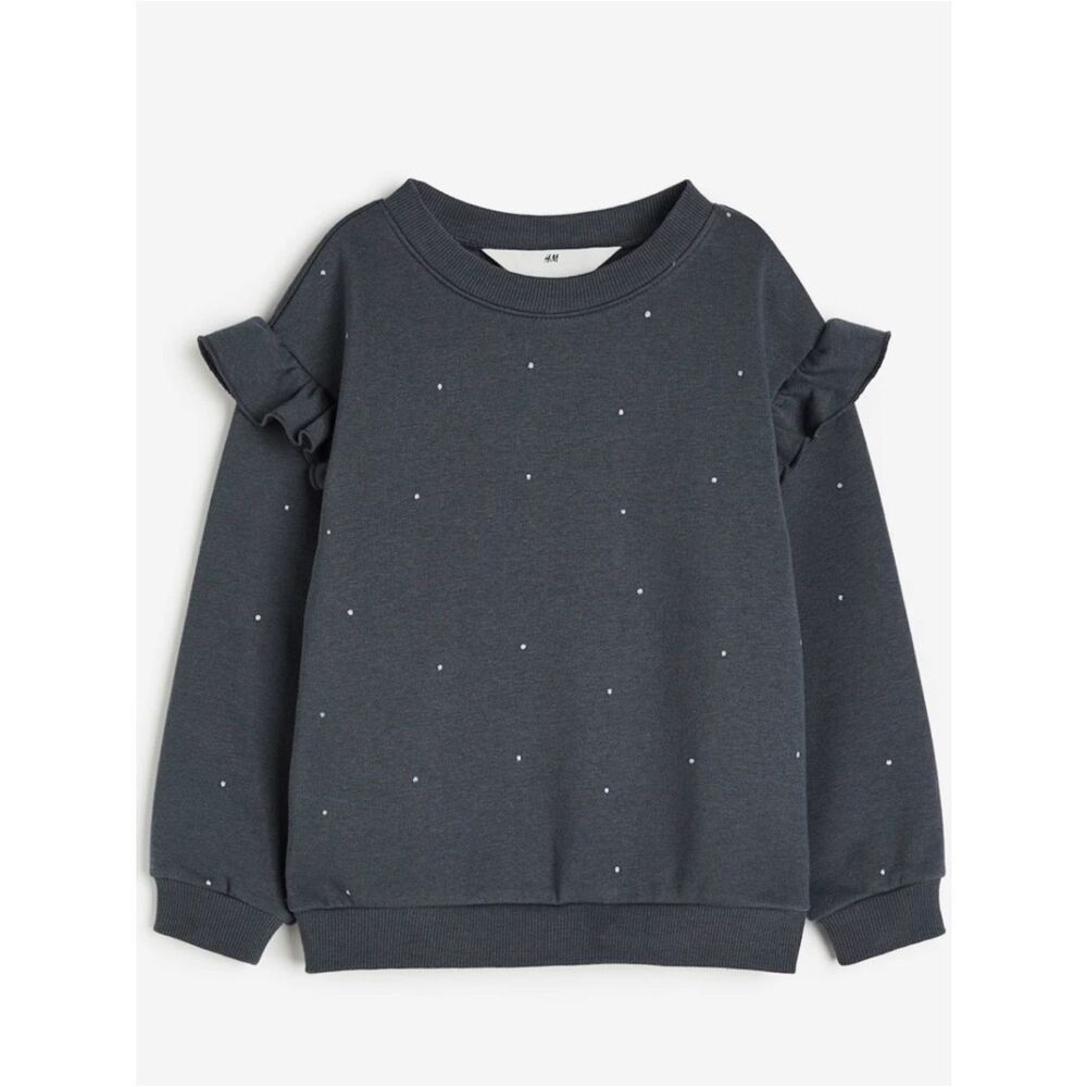 H&M Ruffle Sleeve Gray Shimmer Dot Crewneck Sweatshirt Sz 8-10